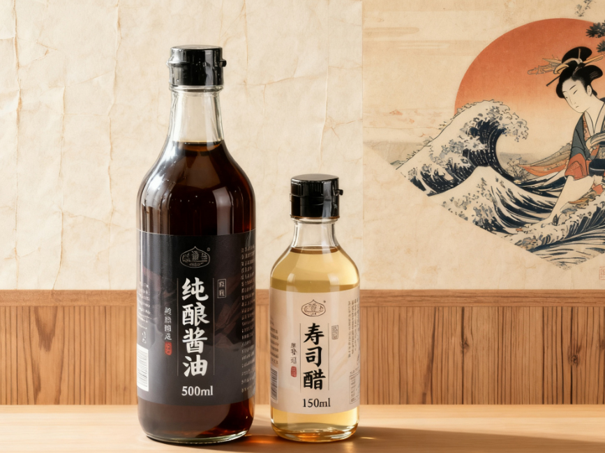 Üst düzey Japon tarzı saf demlenmiş soya sosu ve suşi sirkesi